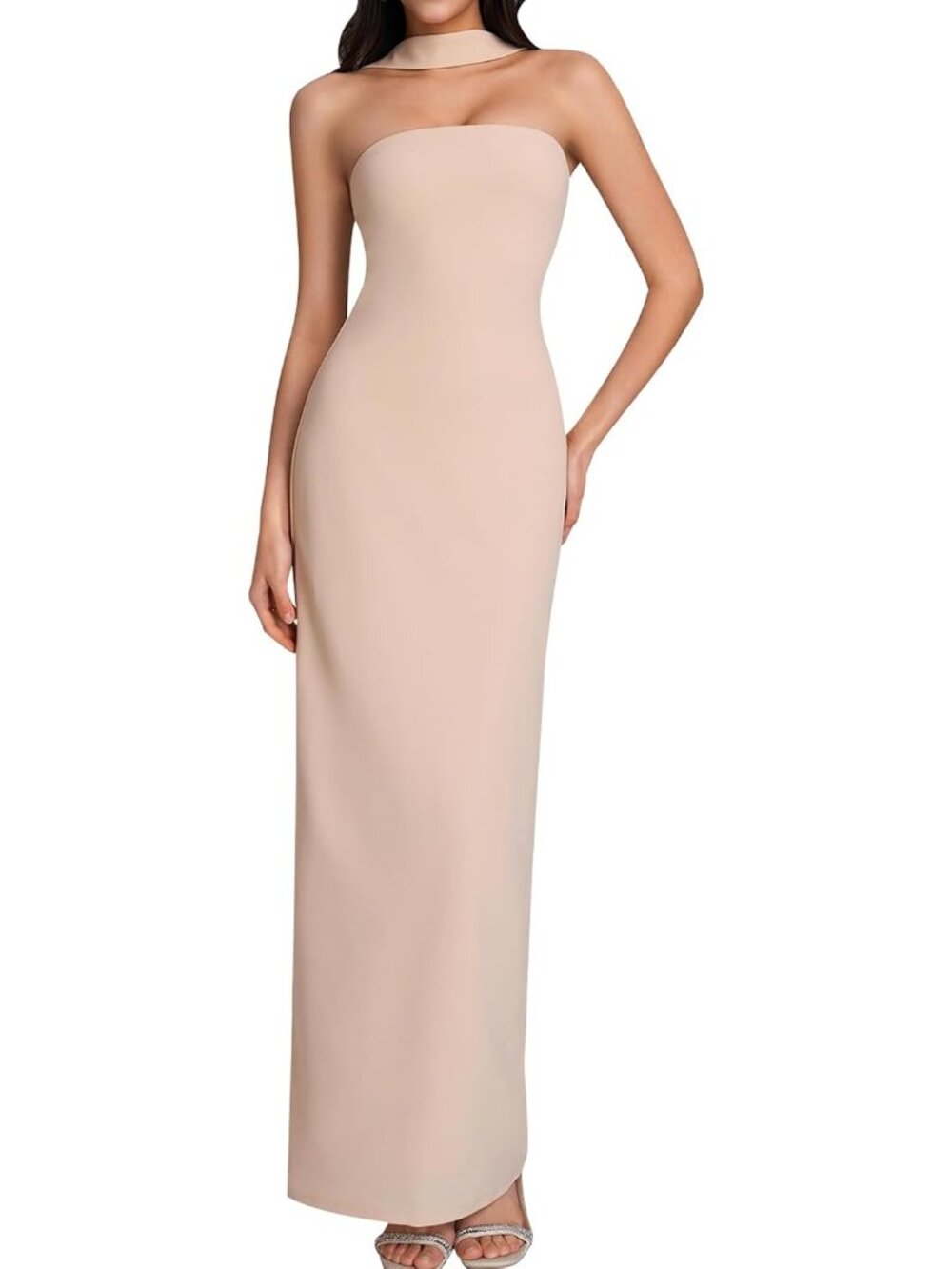 Women's Khaki Formal Wedding Guest Cocktail Fall Halter Neck Bodycon Maxi Dress